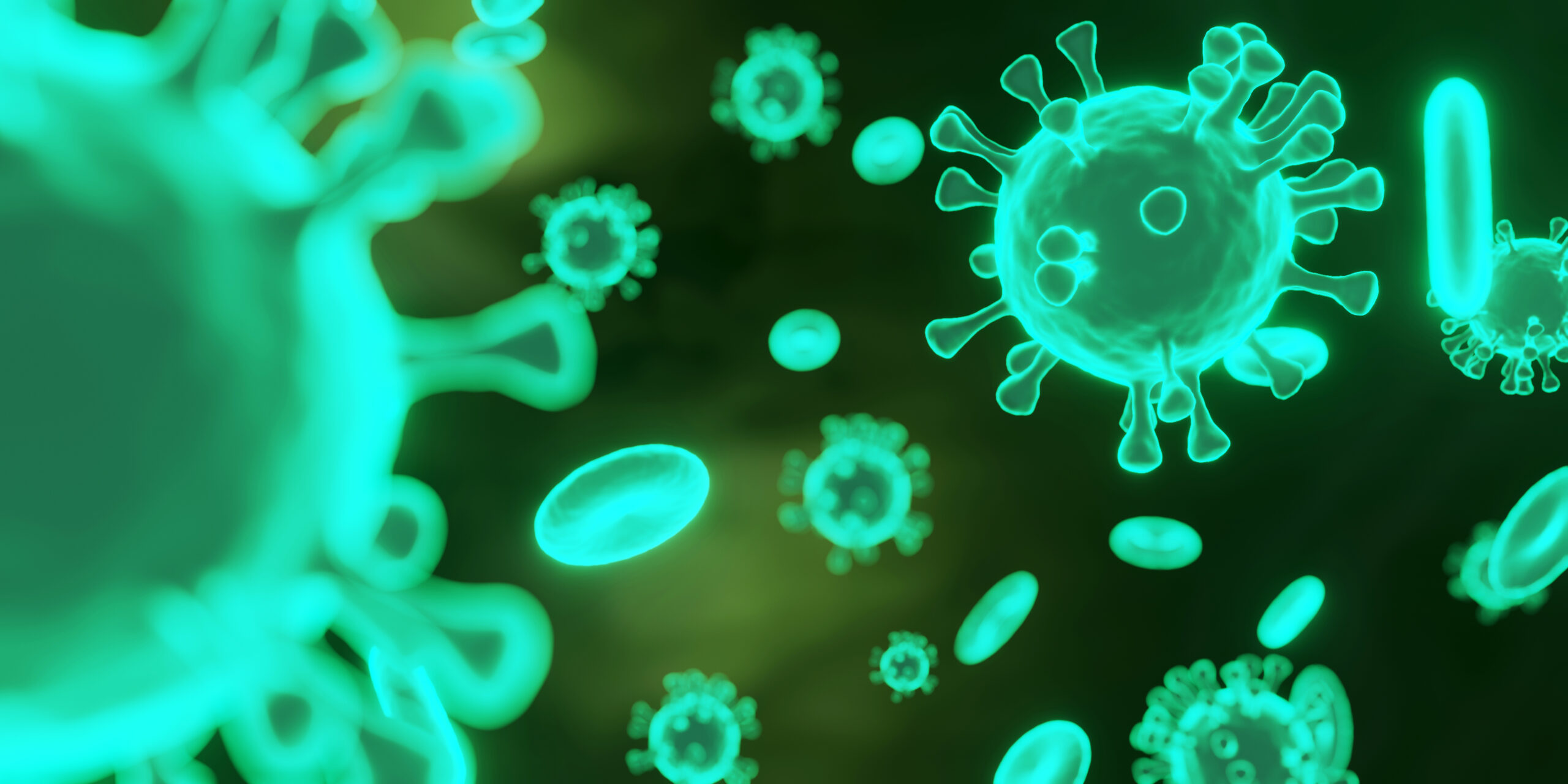 Coronavirus glows green among red blood cells.