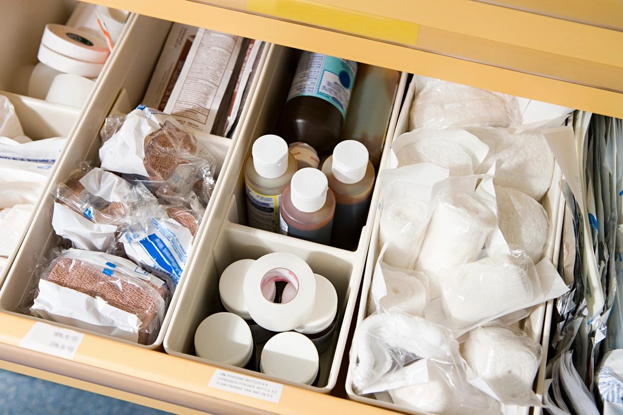 medical supplies in clinic drawer